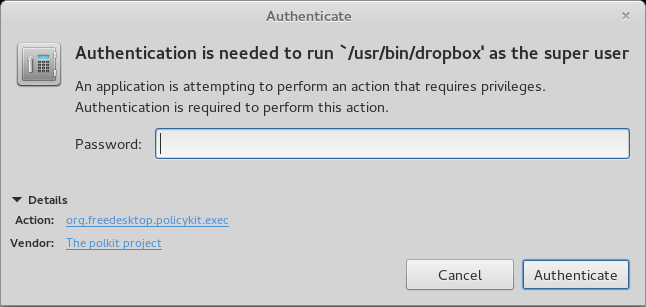 Screenshot: Authentication is needed to run  '/user/bin/dropbox' as the super user
